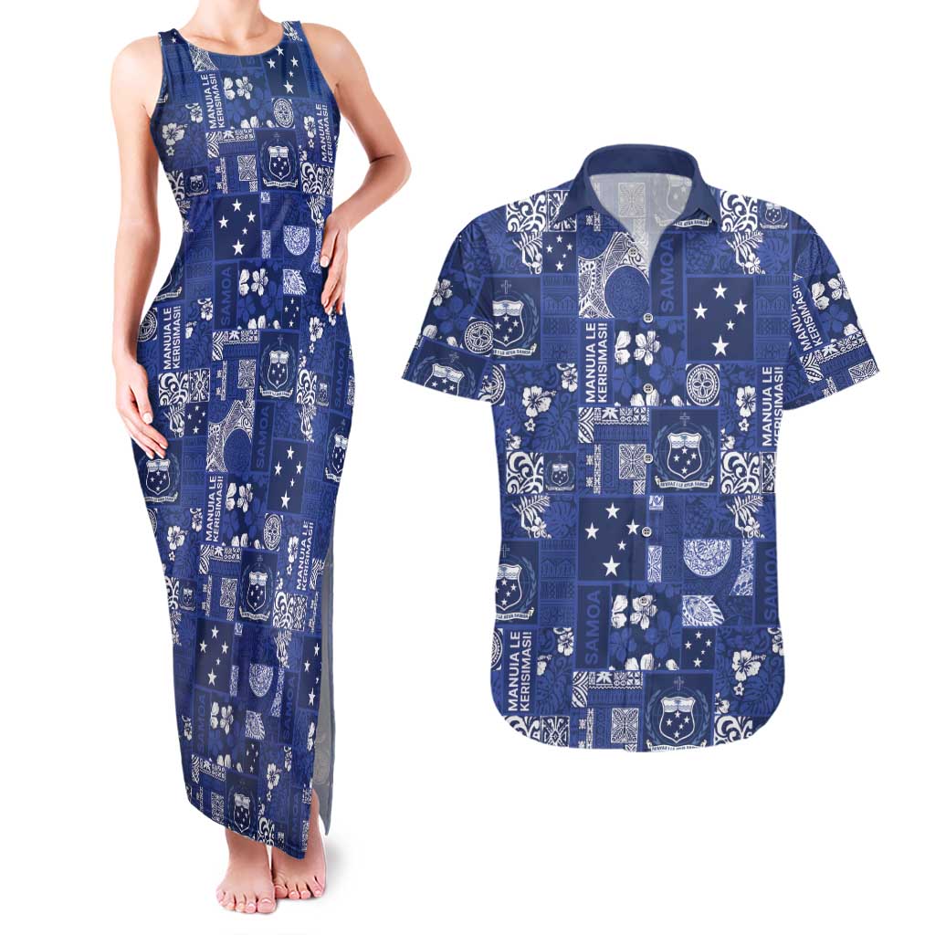 Blue Samoa Manuia Le Kerisimasi Couples Matching Tank Maxi Dress and Hawaiian Shirt Pacific Patchwork Xmas Vibes - Polynesian Pride