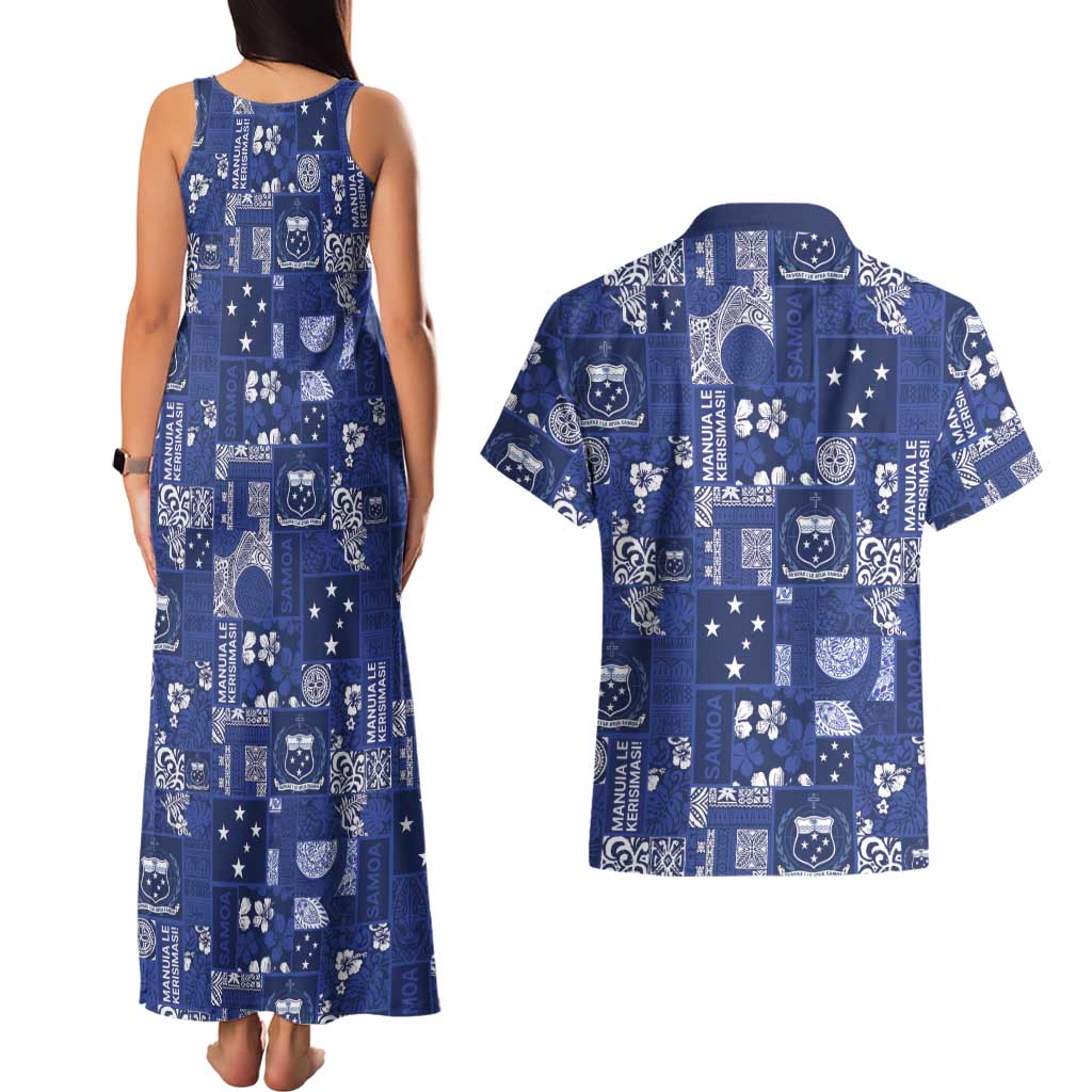Blue Samoa Manuia Le Kerisimasi Couples Matching Tank Maxi Dress and Hawaiian Shirt Pacific Patchwork Xmas Vibes - Polynesian Pride