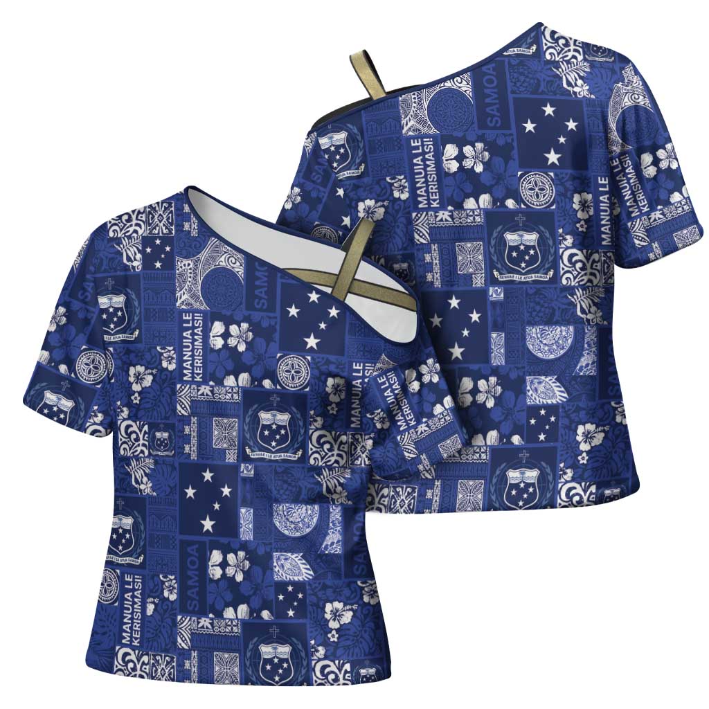 Blue Samoa Manuia Le Kerisimasi Cross Shoulder Shirt Pacific Patchwork Xmas Vibes - Polynesian Pride