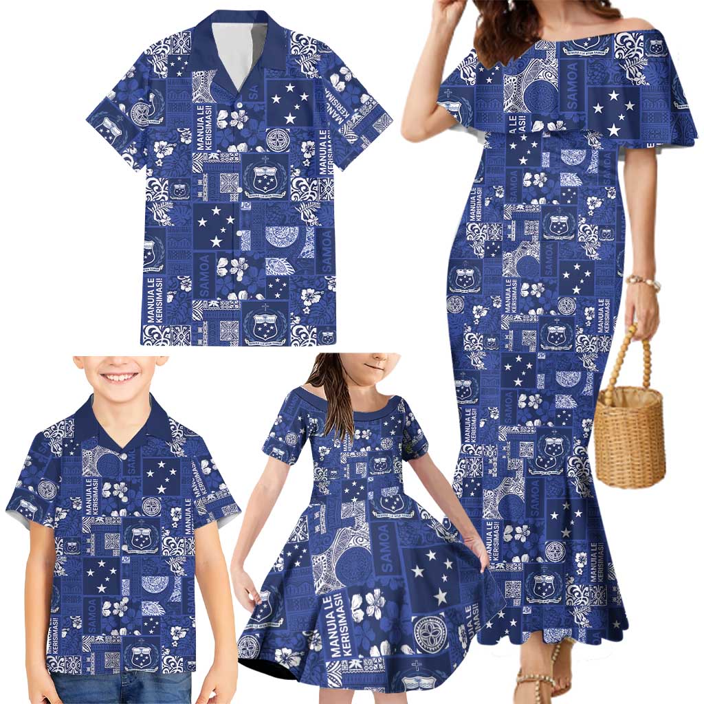 Blue Samoa Manuia Le Kerisimasi Family Matching Mermaid Dress and Hawaiian Shirt Pacific Patchwork Xmas Vibes - Polynesian Pride