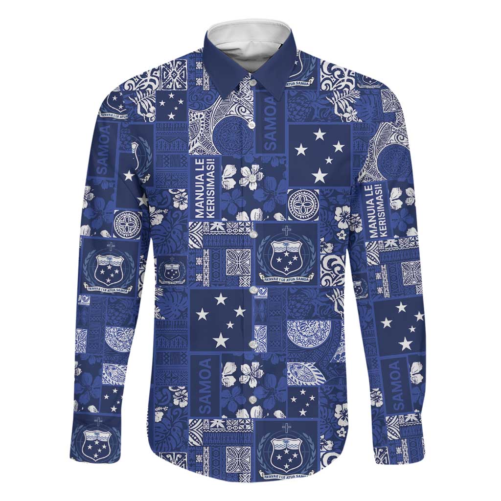 Blue Samoa Manuia Le Kerisimasi Family Matching Off The Shoulder Long Sleeve Dress and Hawaiian Shirt Pacific Patchwork Xmas Vibes - Polynesian Pride
