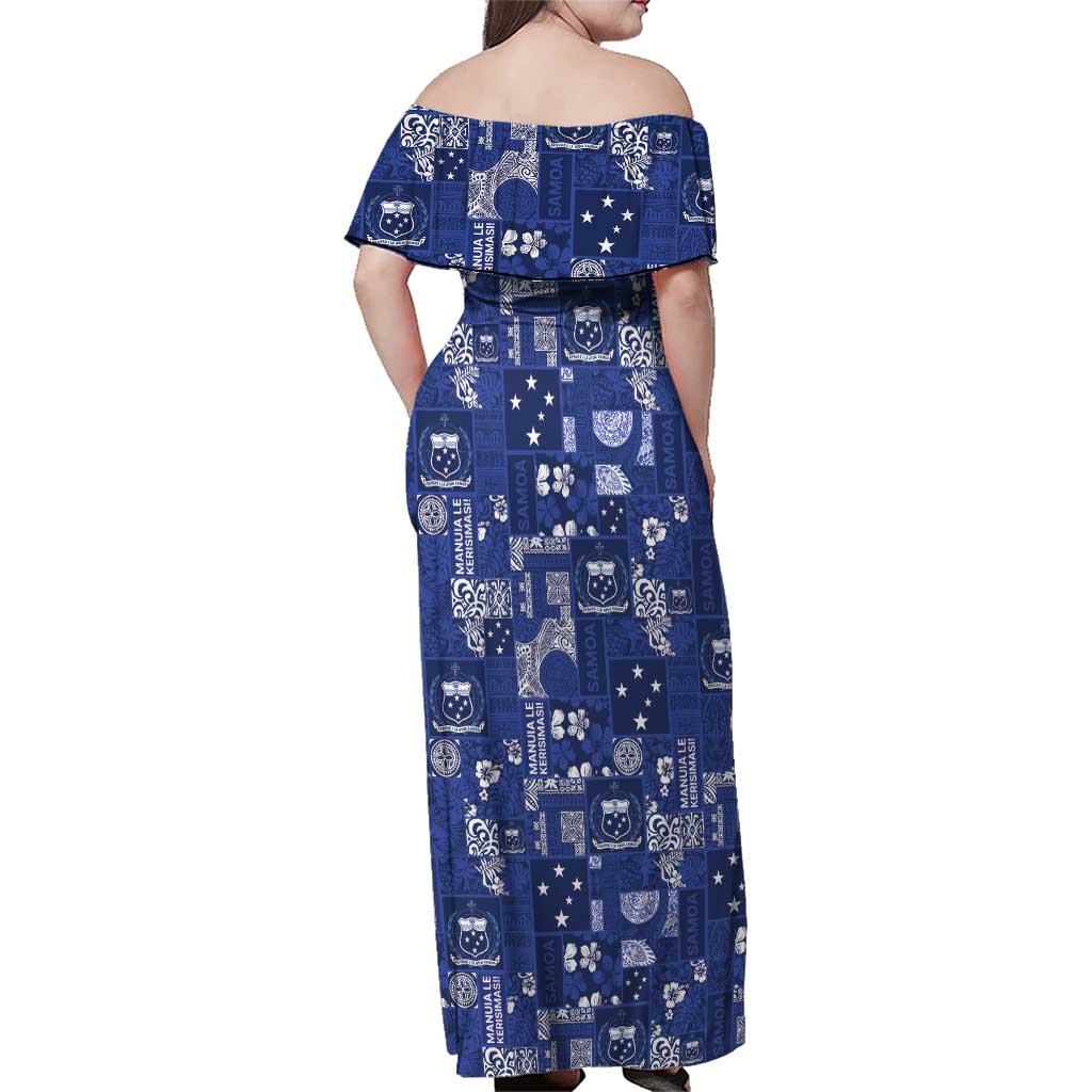Blue Samoa Manuia Le Kerisimasi Family Matching Off Shoulder Maxi Dress and Hawaiian Shirt Pacific Patchwork Xmas Vibes - Polynesian Pride
