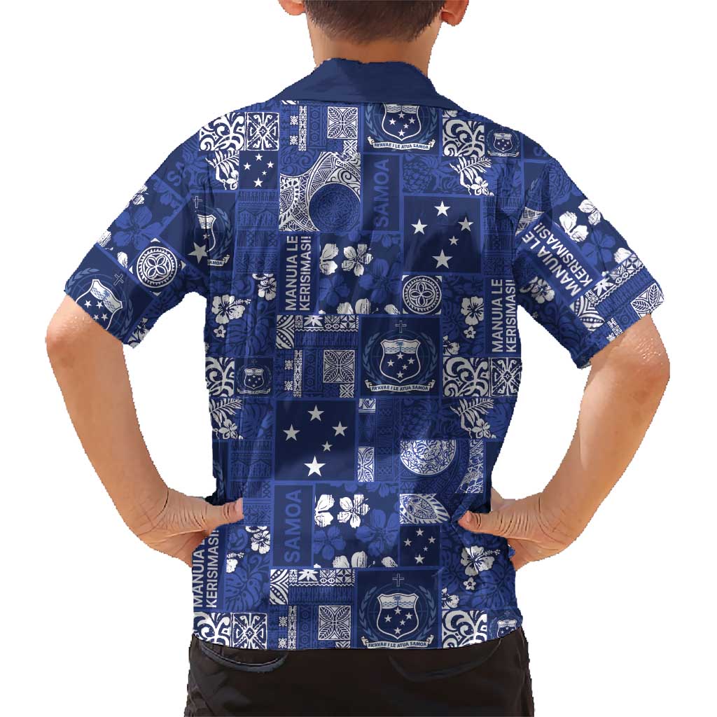 Blue Samoa Manuia Le Kerisimasi Family Matching Off Shoulder Short Dress and Hawaiian Shirt Pacific Patchwork Xmas Vibes - Polynesian Pride