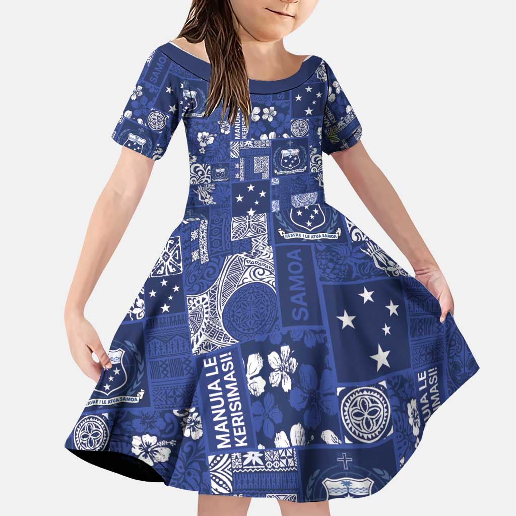 Blue Samoa Manuia Le Kerisimasi Family Matching Off Shoulder Short Dress and Hawaiian Shirt Pacific Patchwork Xmas Vibes - Polynesian Pride