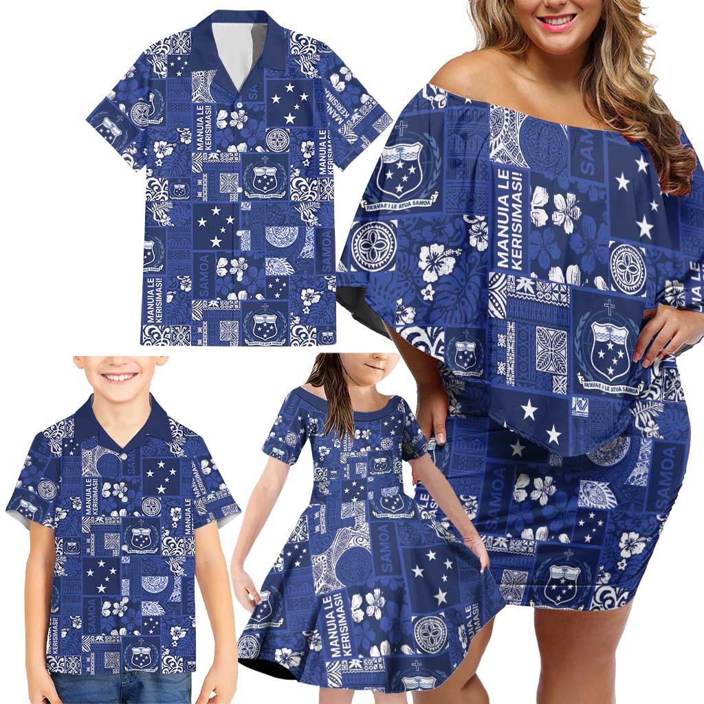 Blue Samoa Manuia Le Kerisimasi Family Matching Off Shoulder Short Dress and Hawaiian Shirt Pacific Patchwork Xmas Vibes - Polynesian Pride