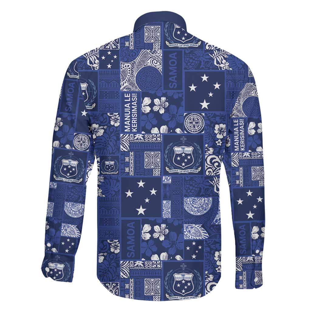 Blue Samoa Manuia Le Kerisimasi Family Matching Off Shoulder Short Dress and Hawaiian Shirt Pacific Patchwork Xmas Vibes - Polynesian Pride