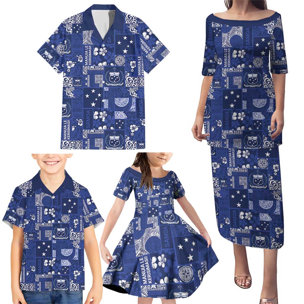 Blue Samoa Manuia Le Kerisimasi Family Matching Puletasi and Hawaiian Shirt Pacific Patchwork Xmas Vibes - Polynesian Pride