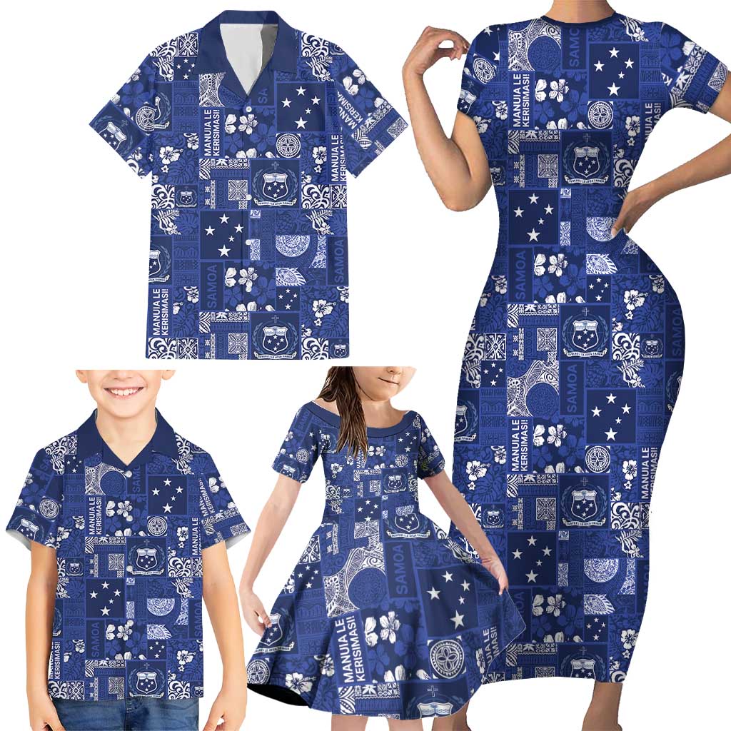 Blue Samoa Manuia Le Kerisimasi Family Matching Short Sleeve Bodycon Dress and Hawaiian Shirt Pacific Patchwork Xmas Vibes - Polynesian Pride