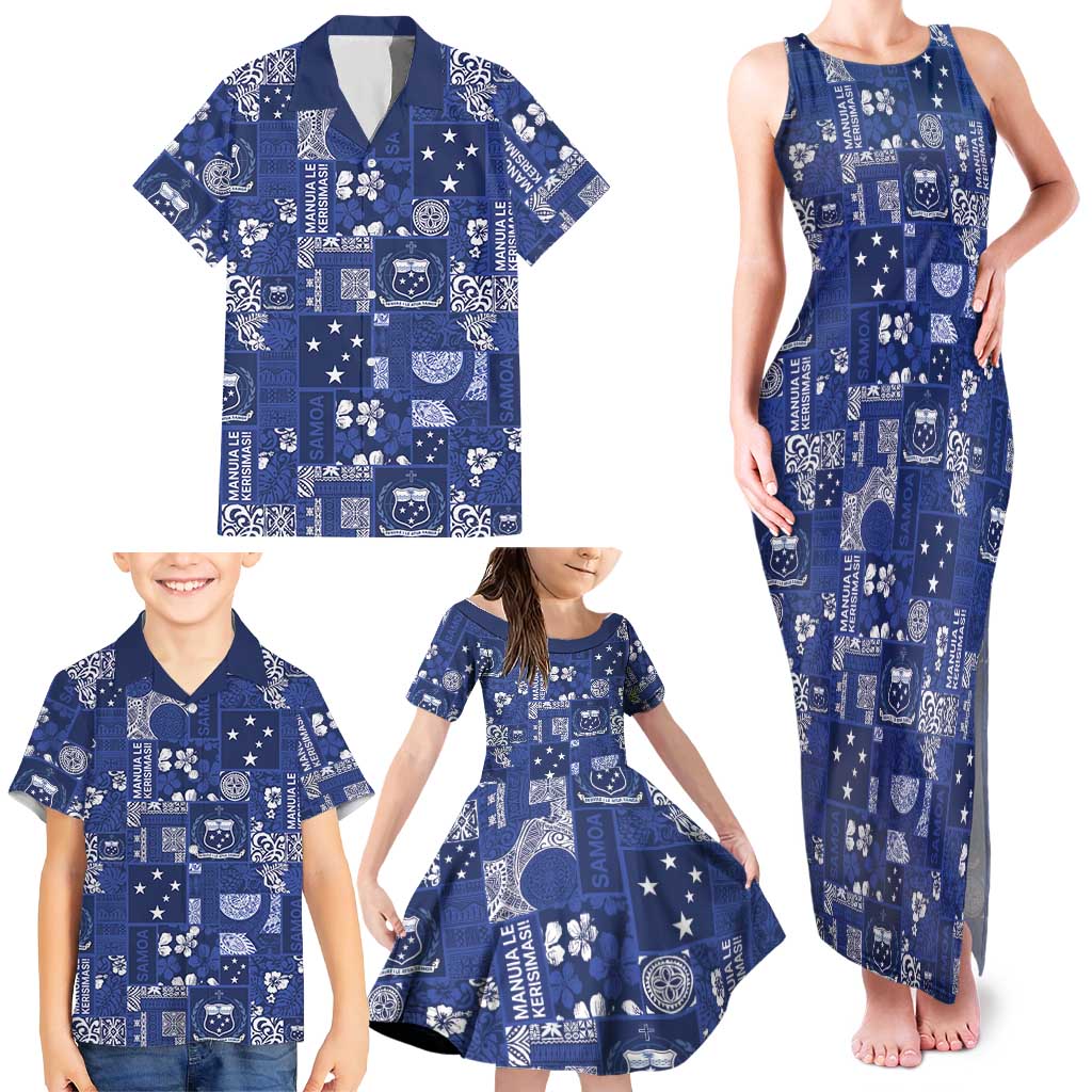 Blue Samoa Manuia Le Kerisimasi Family Matching Tank Maxi Dress and Hawaiian Shirt Pacific Patchwork Xmas Vibes - Polynesian Pride
