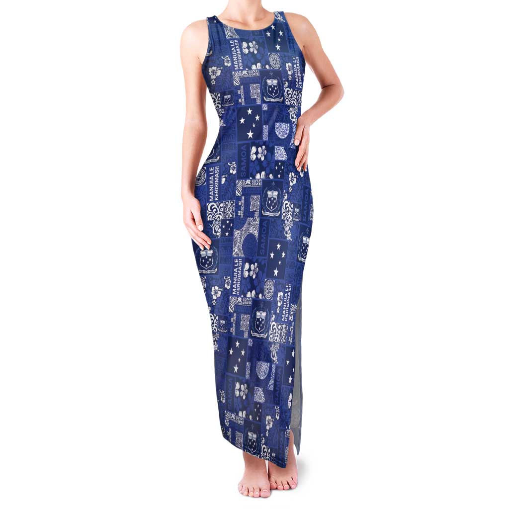 Blue Samoa Manuia Le Kerisimasi Family Matching Tank Maxi Dress and Hawaiian Shirt Pacific Patchwork Xmas Vibes - Polynesian Pride