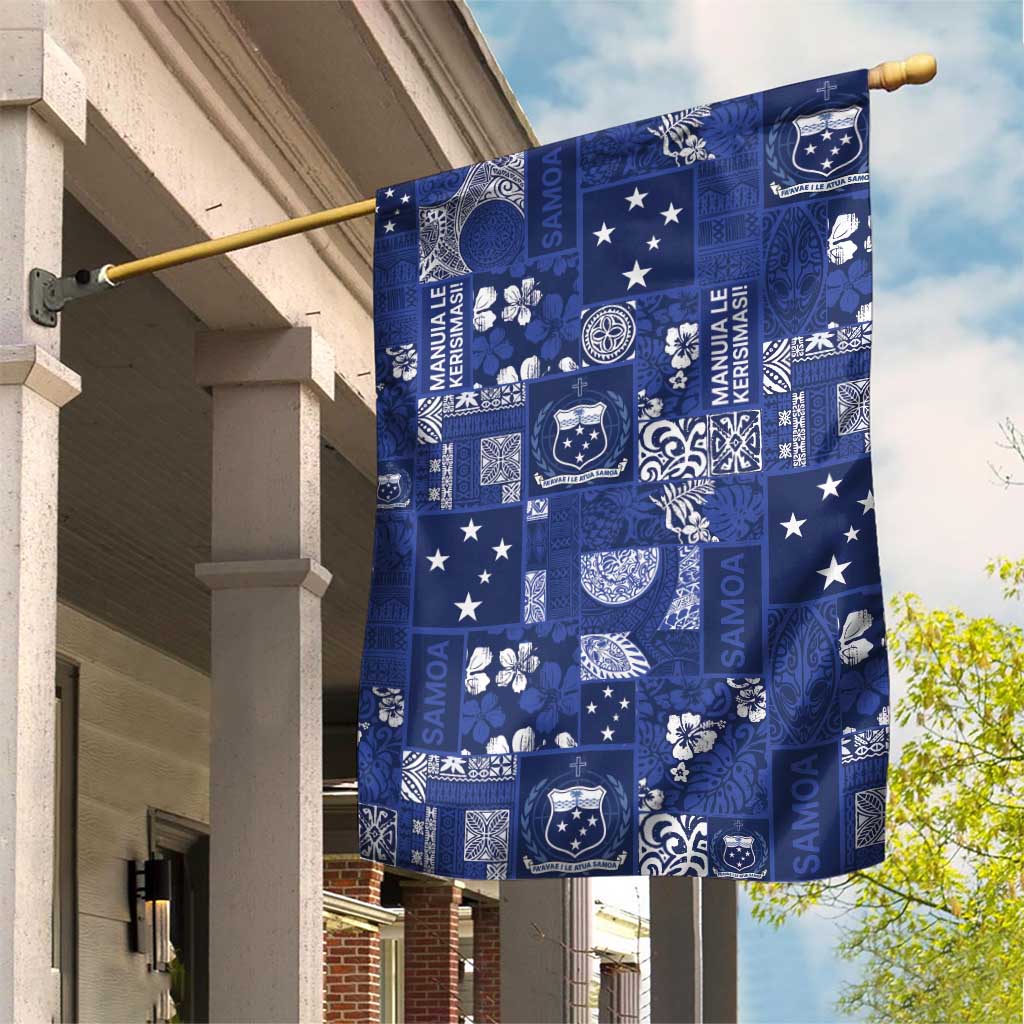 Blue Samoa Manuia Le Kerisimasi Garden Flag Pacific Patchwork Xmas Vibes - Polynesian Pride