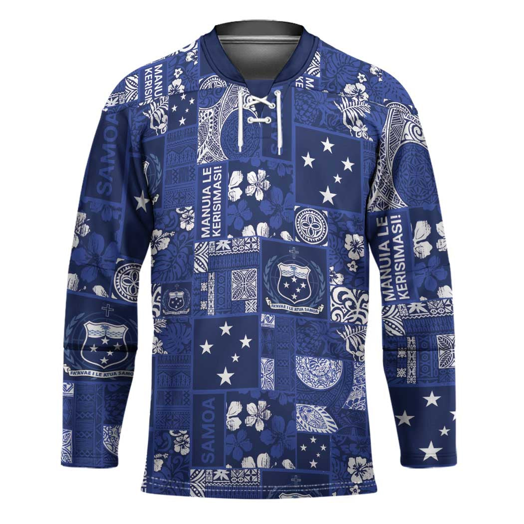 Blue Samoa Manuia Le Kerisimasi Hockey Jersey Pacific Patchwork Xmas Vibes - Polynesian Pride