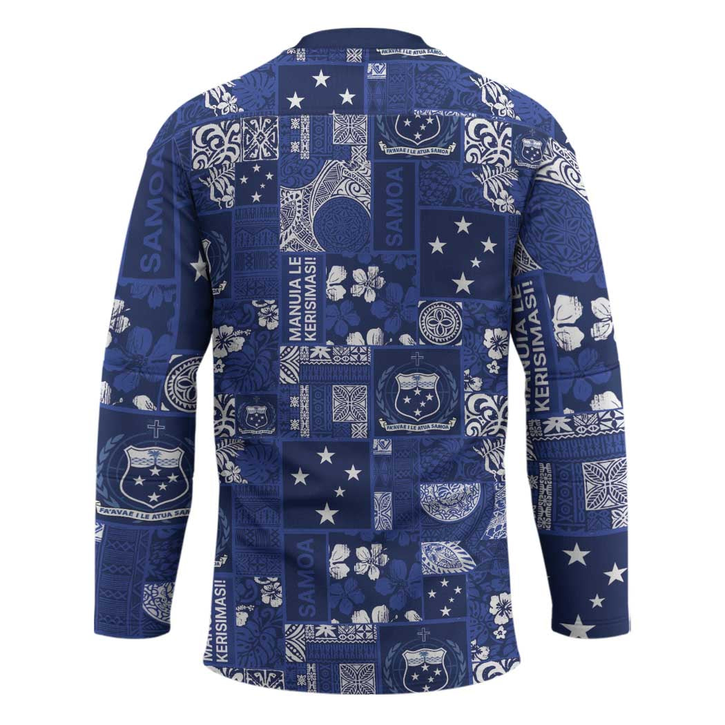 Blue Samoa Manuia Le Kerisimasi Hockey Jersey Pacific Patchwork Xmas Vibes - Polynesian Pride