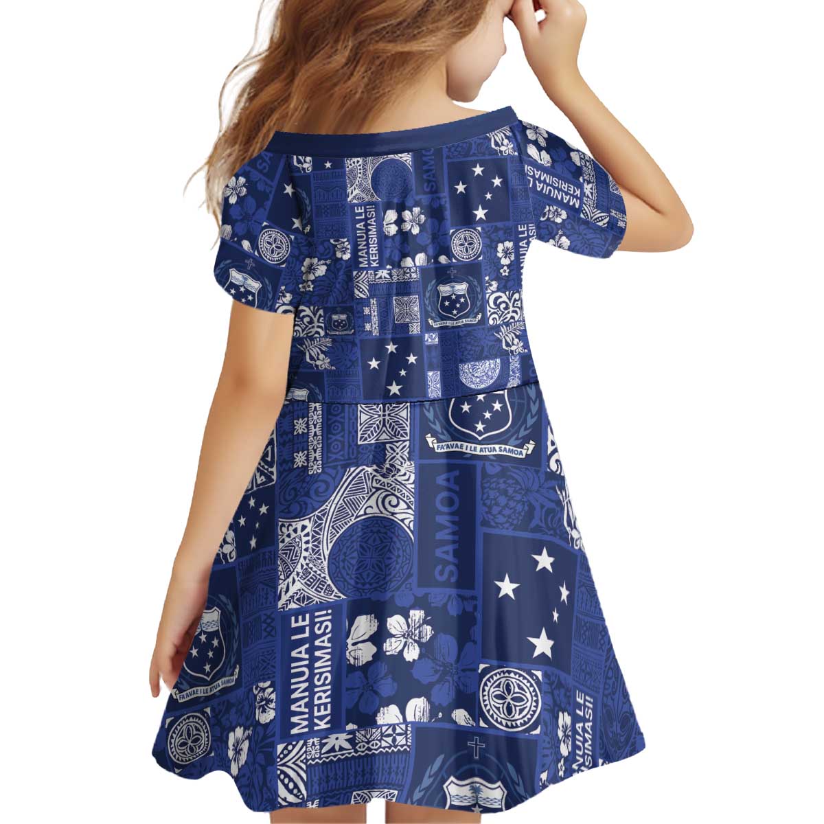 Blue Samoa Manuia Le Kerisimasi Kid Short Sleeve Dress Pacific Patchwork Xmas Vibes - Polynesian Pride