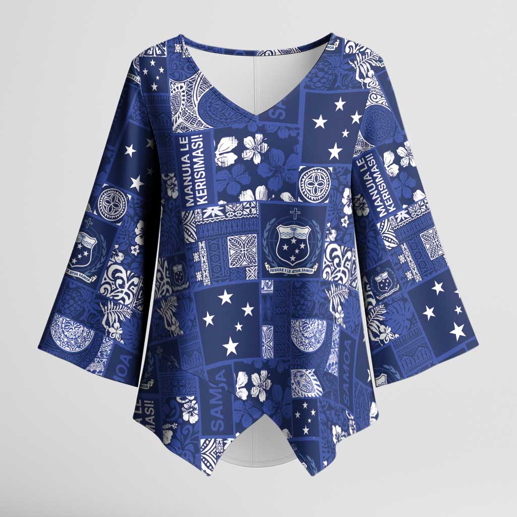 Blue Samoa Manuia Le Kerisimasi Kimono Sleeve Blouse Pacific Patchwork Xmas Vibes - Polynesian Pride