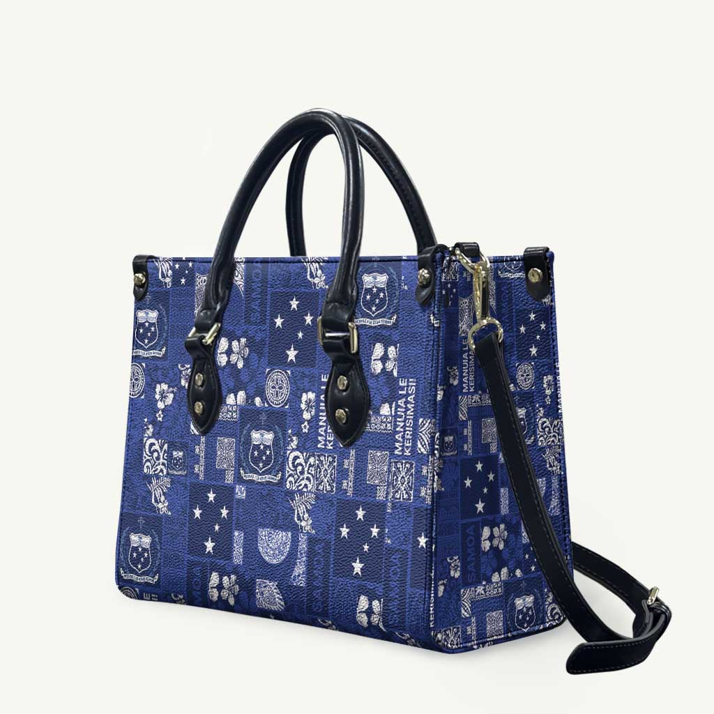 Blue Samoa Manuia Le Kerisimasi Leather Bag Pacific Patchwork Xmas Vibes - Polynesian Pride