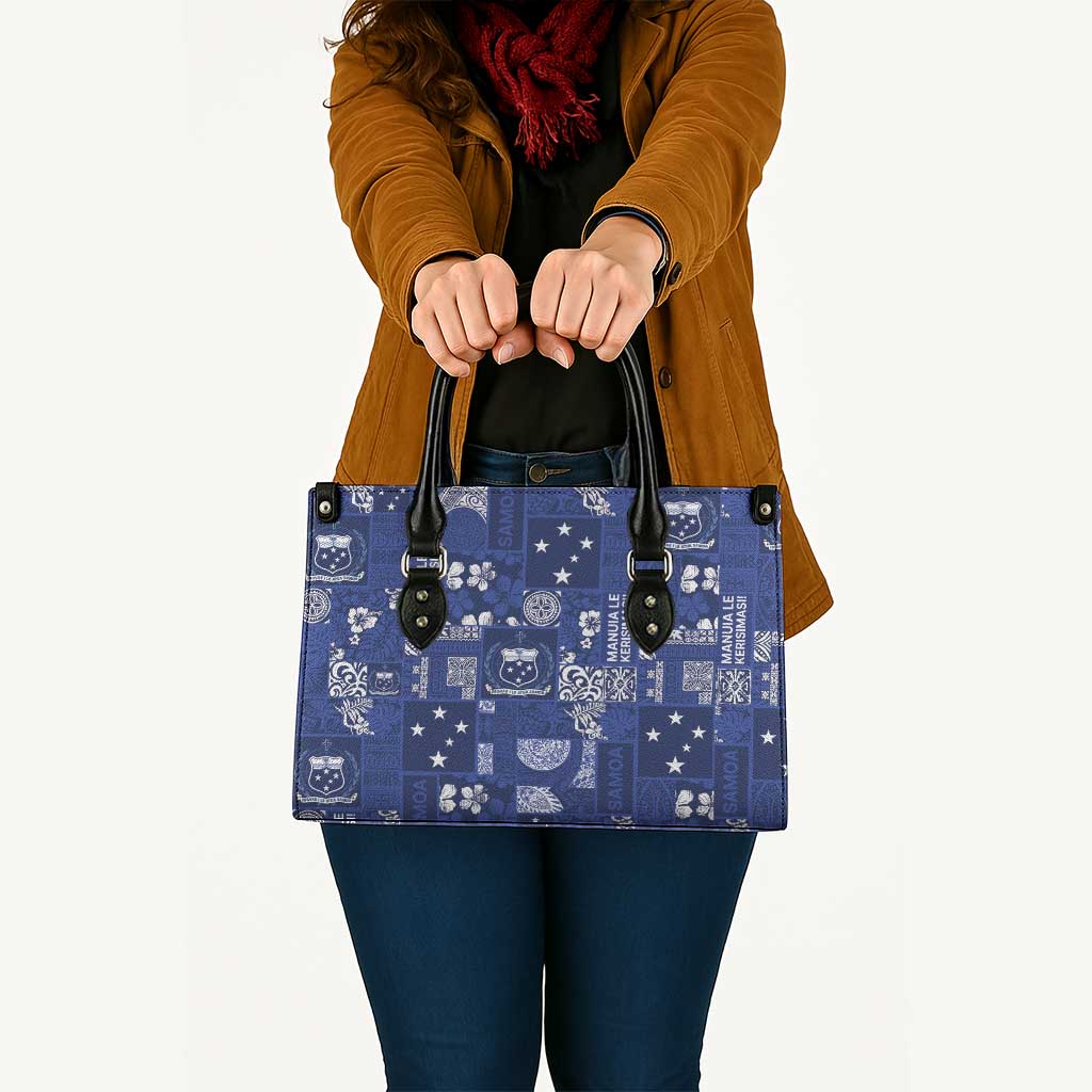 Blue Samoa Manuia Le Kerisimasi Leather Bag Pacific Patchwork Xmas Vibes - Polynesian Pride