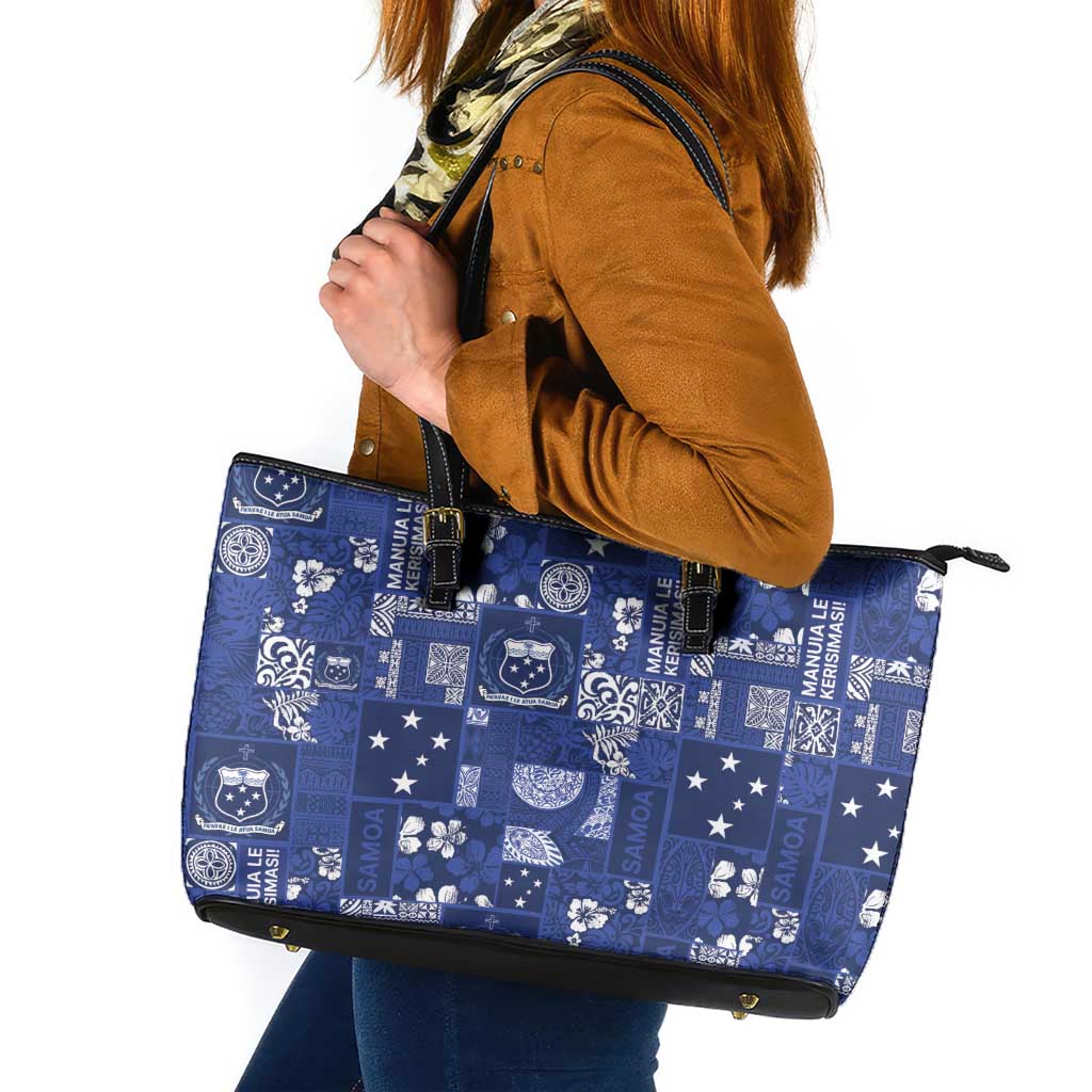 Blue Samoa Manuia Le Kerisimasi Leather Tote Bag Pacific Patchwork Xmas Vibes - Polynesian Pride