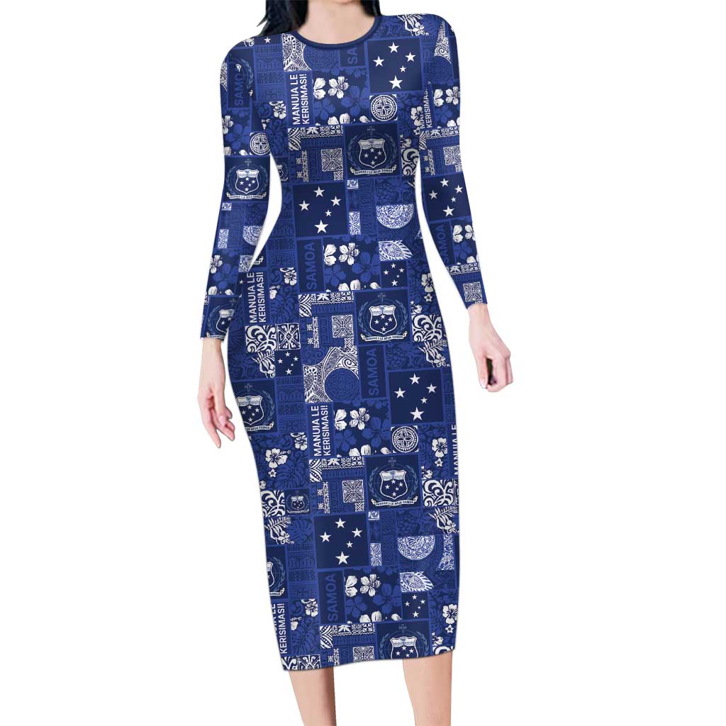 Blue Samoa Manuia Le Kerisimasi Long Sleeve Bodycon Dress Pacific Patchwork Xmas Vibes - Polynesian Pride