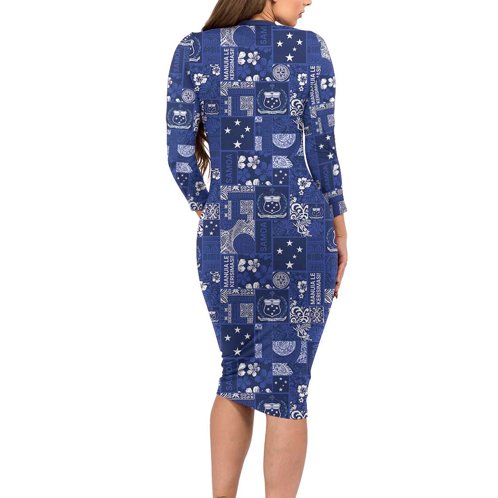 Blue Samoa Manuia Le Kerisimasi Long Sleeve Bodycon Dress Pacific Patchwork Xmas Vibes - Polynesian Pride