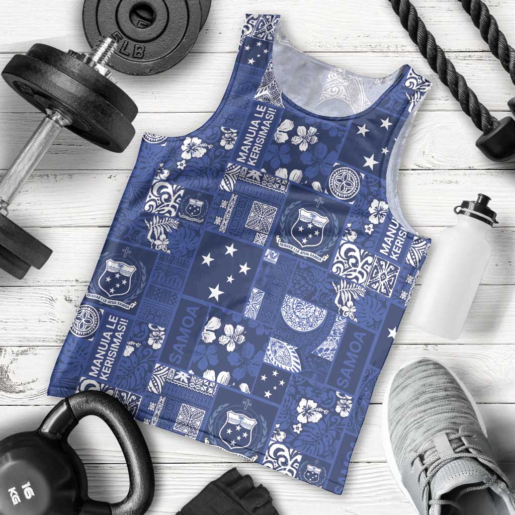 Blue Samoa Manuia Le Kerisimasi Men Tank Top Pacific Patchwork Xmas Vibes - Polynesian Pride