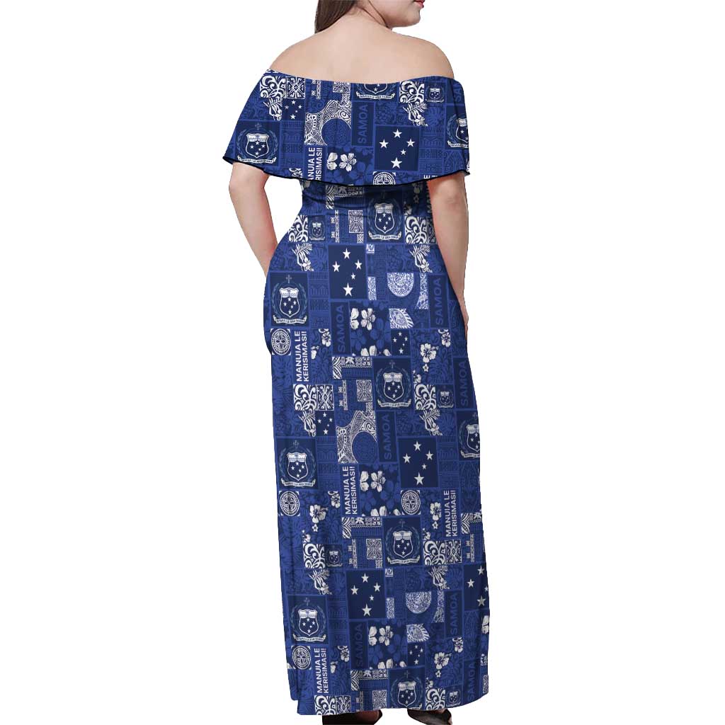 Blue Samoa Manuia Le Kerisimasi Off Shoulder Maxi Dress Pacific Patchwork Xmas Vibes - Polynesian Pride