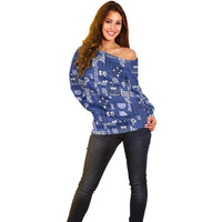 Blue Samoa Manuia Le Kerisimasi Off Shoulder Sweater Pacific Patchwork Xmas Vibes - Polynesian Pride
