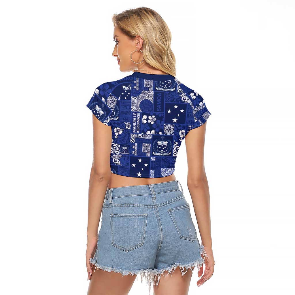 Blue Samoa Manuia Le Kerisimasi Raglan Cropped T Shirt Pacific Patchwork Xmas Vibes LT9 - Polynesian Pride