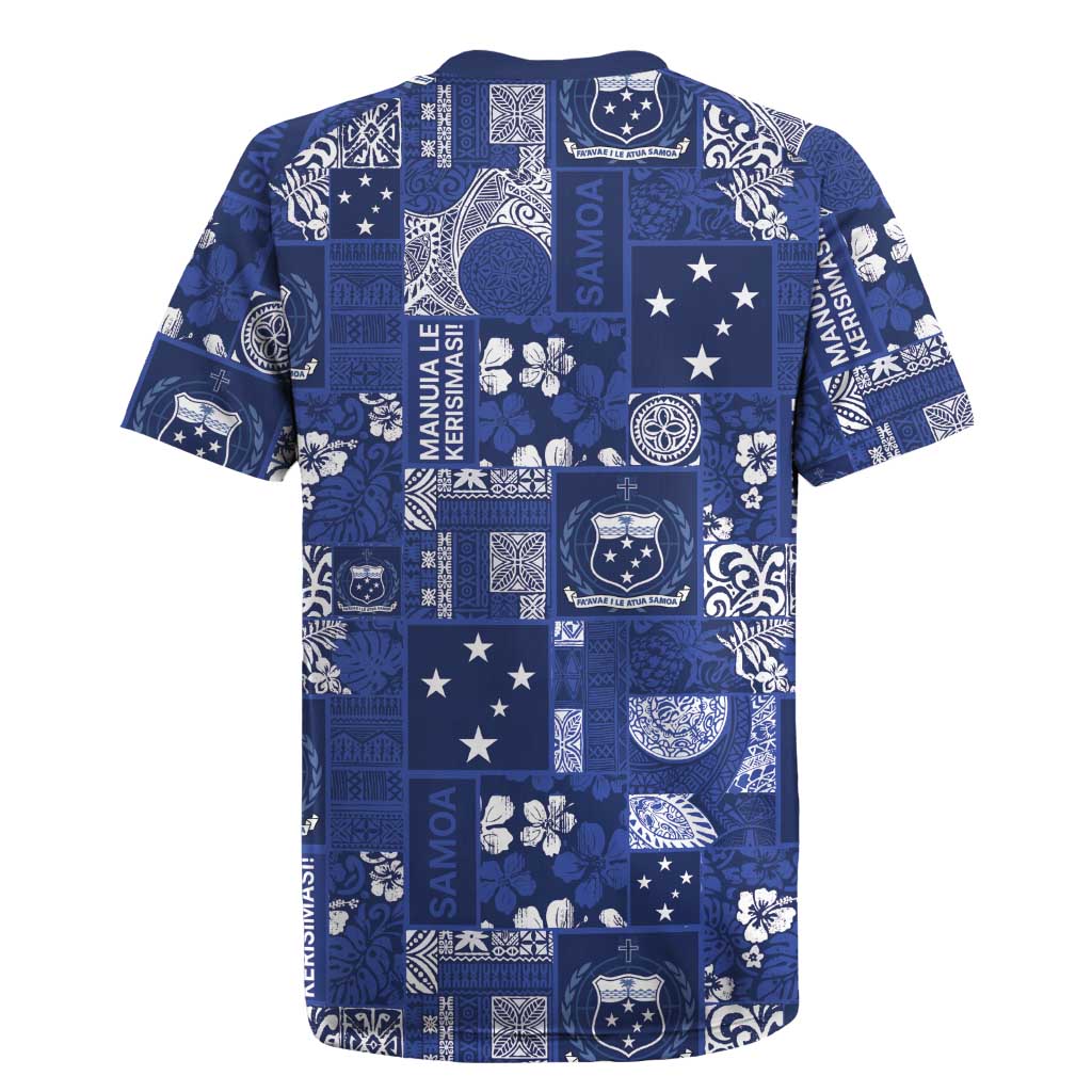 Blue Samoa Manuia Le Kerisimasi Rugby Jersey Pacific Patchwork Xmas Vibes - Polynesian Pride