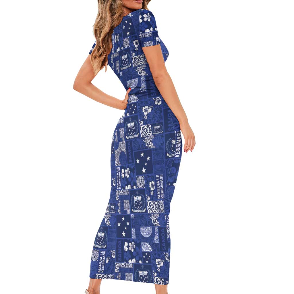 Blue Samoa Manuia Le Kerisimasi Short Sleeve Bodycon Dress Pacific Patchwork Xmas Vibes - Polynesian Pride