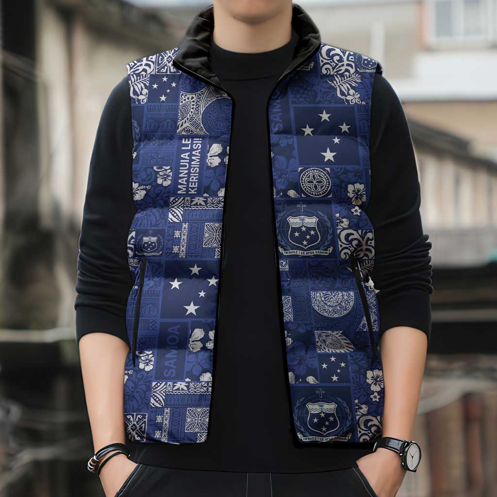 Blue Samoa Manuia Le Kerisimasi Sleeveless Puffer Jacket Pacific Patchwork Xmas Vibes - Polynesian Pride
