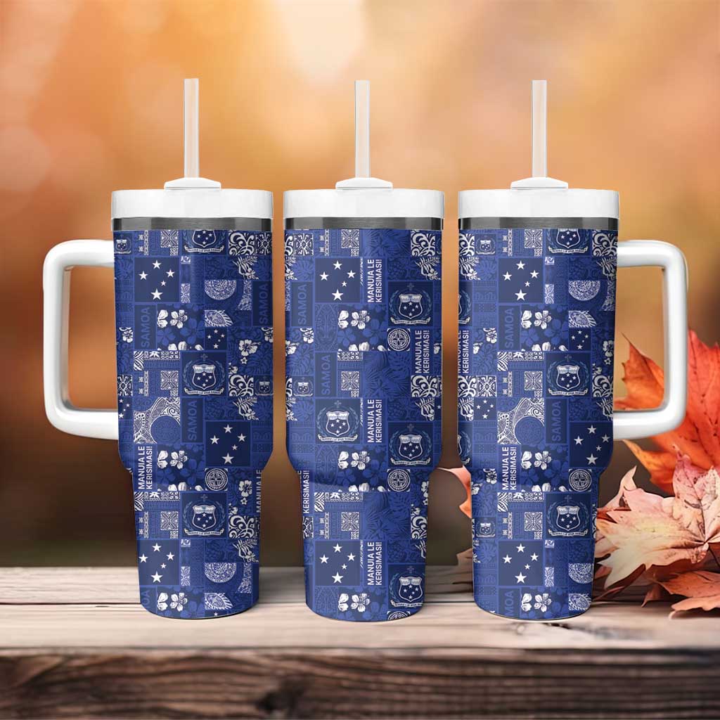 Blue Samoa Manuia Le Kerisimasi Tumbler With Handle Pacific Patchwork Xmas Vibes - Polynesian Pride