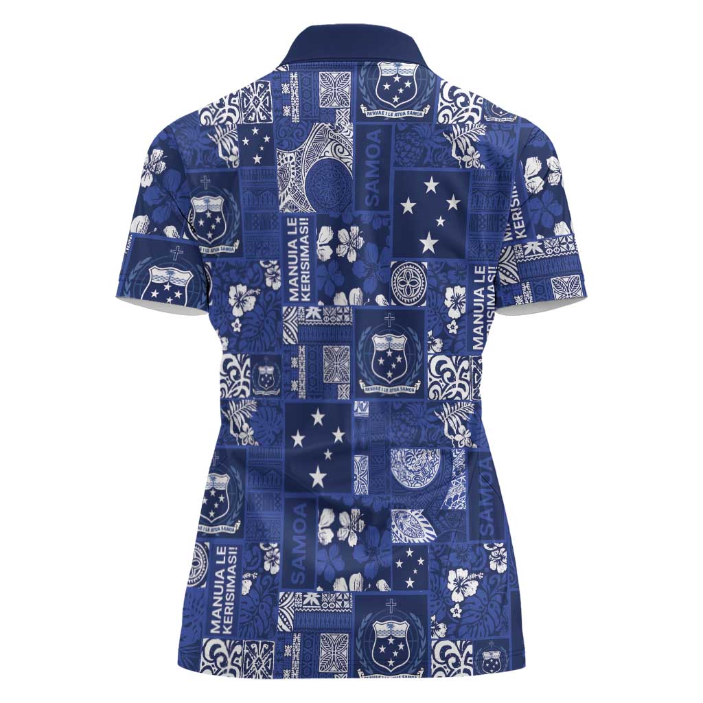 Blue Samoa Manuia Le Kerisimasi Women Polo Shirt Pacific Patchwork Xmas Vibes - Polynesian Pride