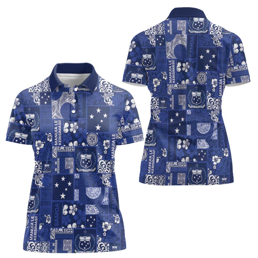 Blue Samoa Manuia Le Kerisimasi Women Polo Shirt Pacific Patchwork Xmas Vibes - Polynesian Pride