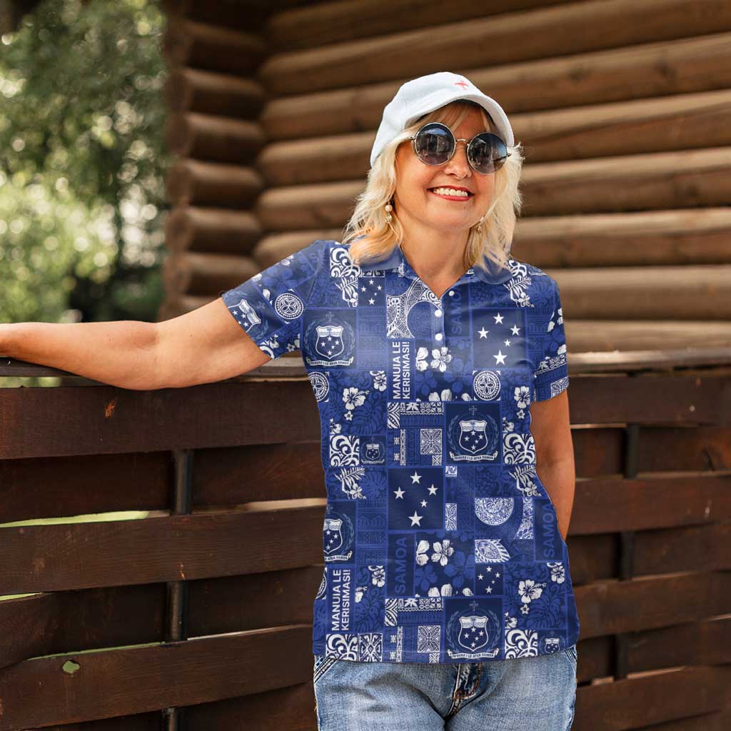 Blue Samoa Manuia Le Kerisimasi Women Polo Shirt Pacific Patchwork Xmas Vibes - Polynesian Pride