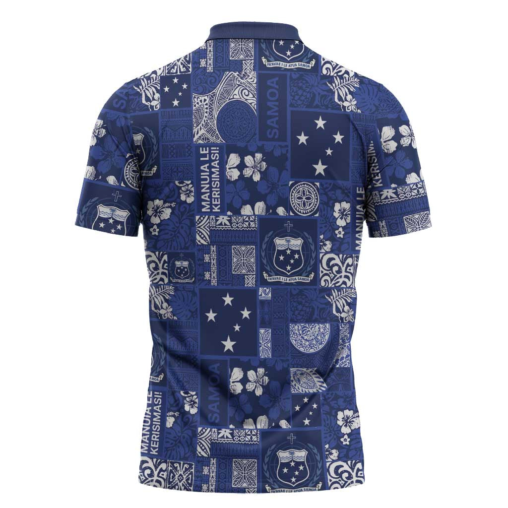 Blue Samoa Manuia Le Kerisimasi Zipper Polo Shirt Pacific Patchwork Xmas Vibes - Polynesian Pride