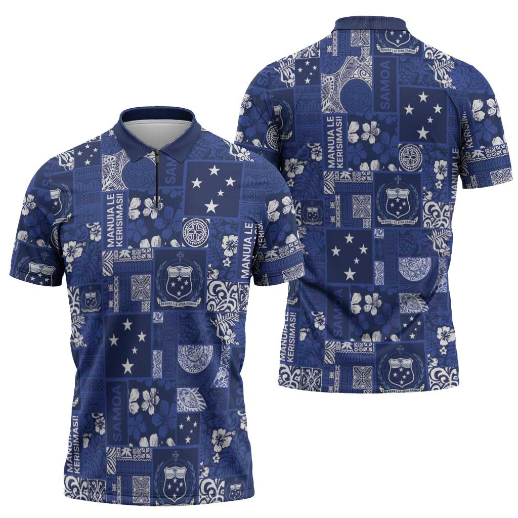 Blue Samoa Manuia Le Kerisimasi Zipper Polo Shirt Pacific Patchwork Xmas Vibes - Polynesian Pride