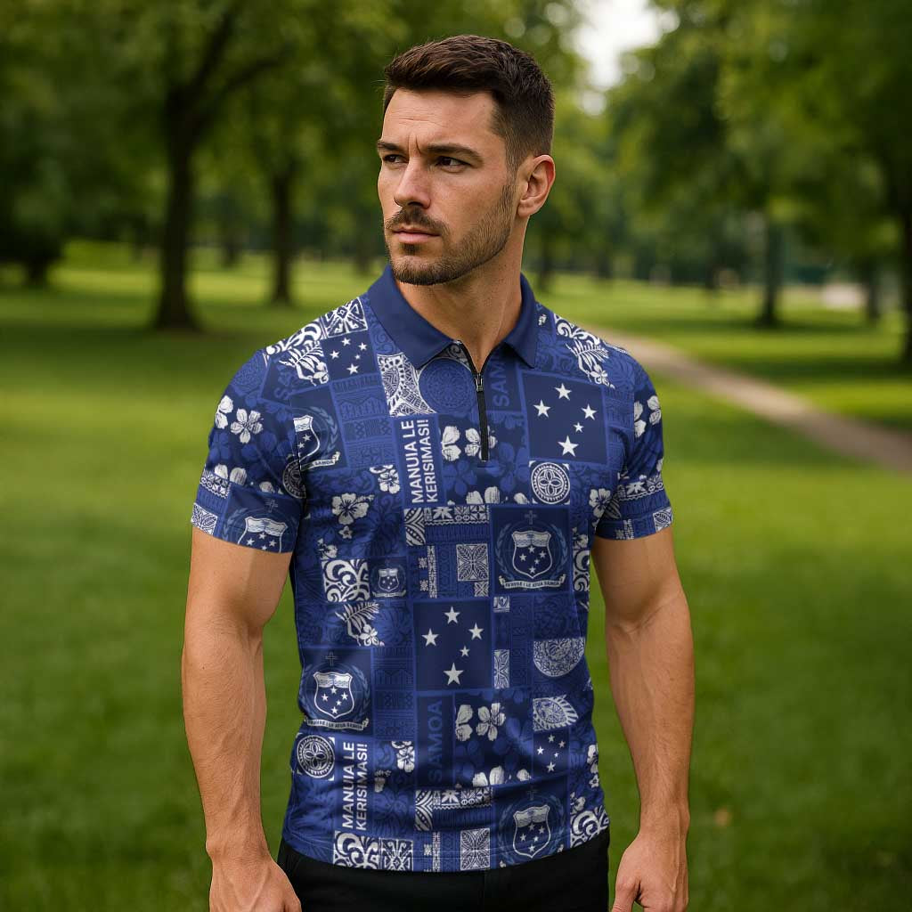 Blue Samoa Manuia Le Kerisimasi Zipper Polo Shirt Pacific Patchwork Xmas Vibes - Polynesian Pride