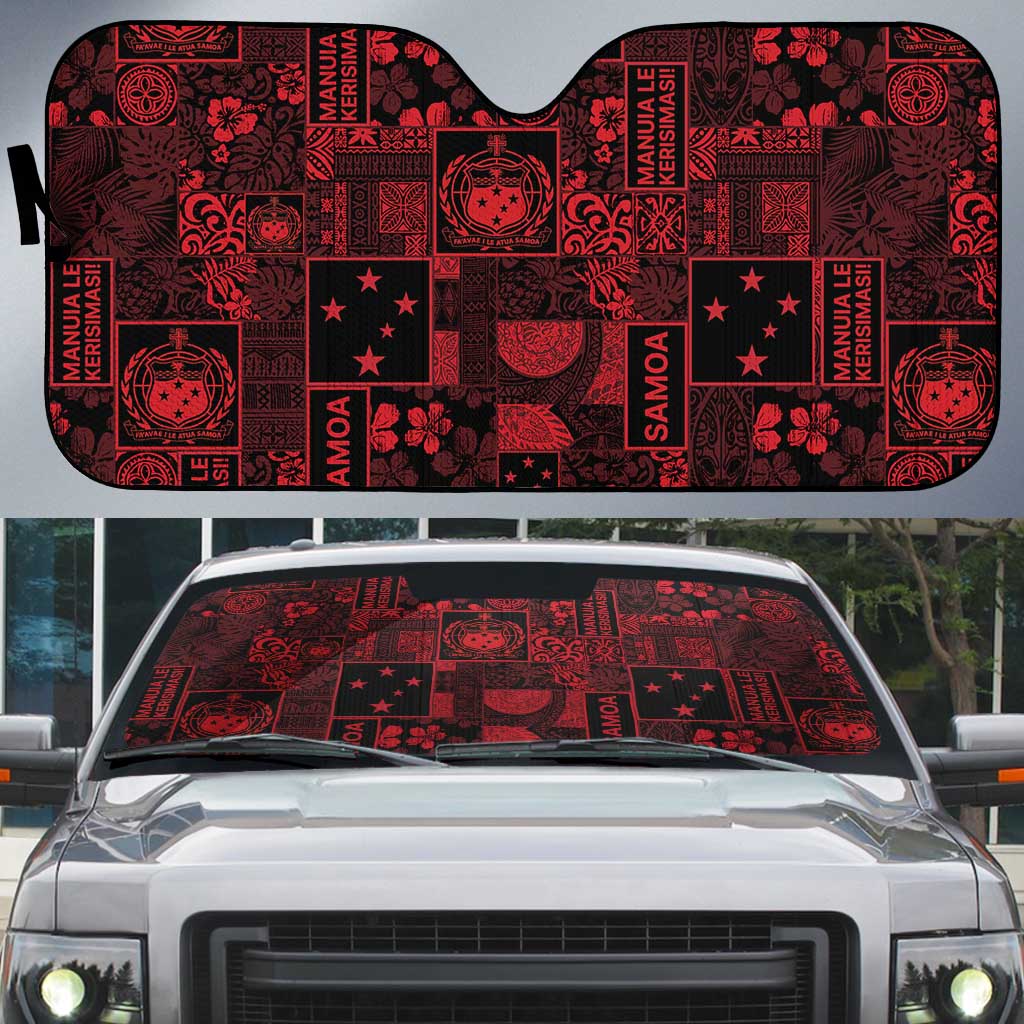 Dark Samoa Manuia Le Kerisimasi Auto Sun Shade Pacific Patchwork Xmas Vibes LT9 Red - Polynesian Pride