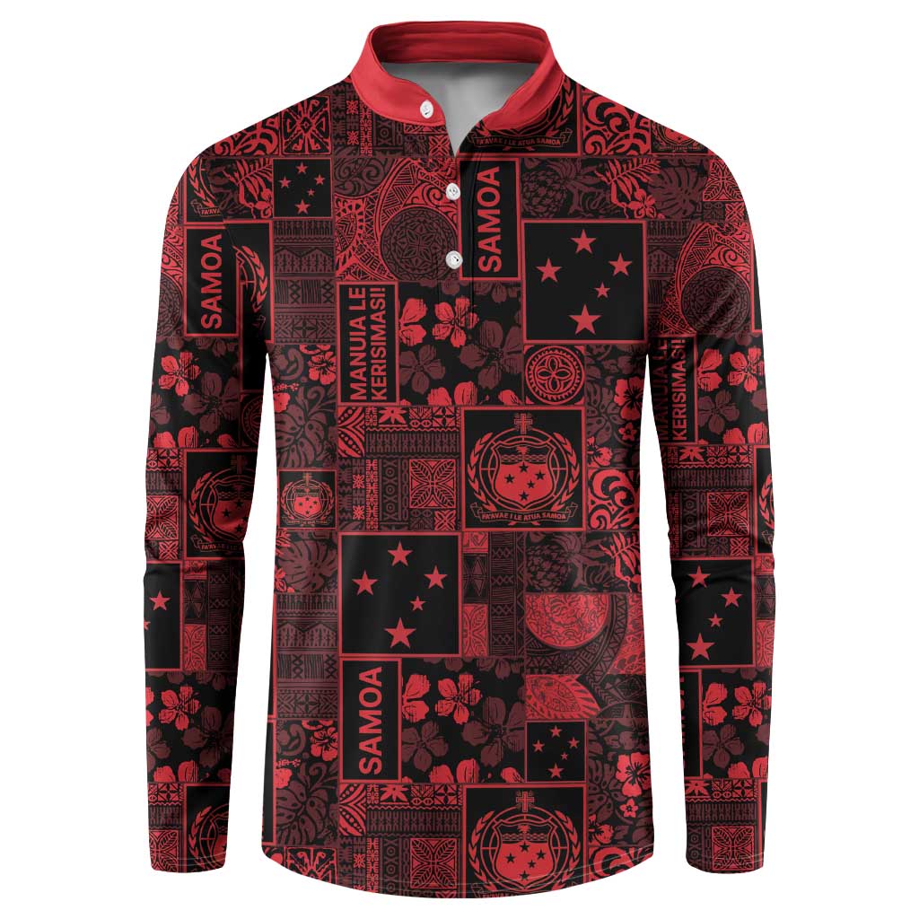 Dark Samoa Manuia Le Kerisimasi Button Sweatshirt Pacific Patchwork Xmas Vibes LT9 Red - Polynesian Pride