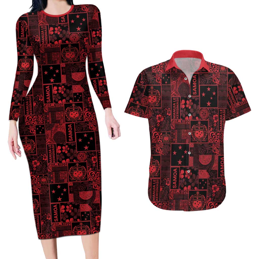Dark Samoa Manuia Le Kerisimasi Couples Matching Long Sleeve Bodycon Dress and Hawaiian Shirt Pacific Patchwork Xmas Vibes - Polynesian Pride