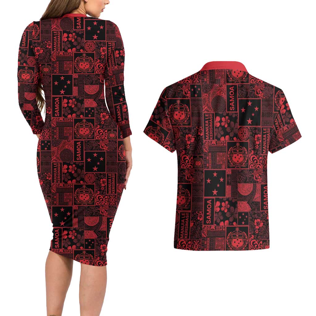 Dark Samoa Manuia Le Kerisimasi Couples Matching Long Sleeve Bodycon Dress and Hawaiian Shirt Pacific Patchwork Xmas Vibes - Polynesian Pride