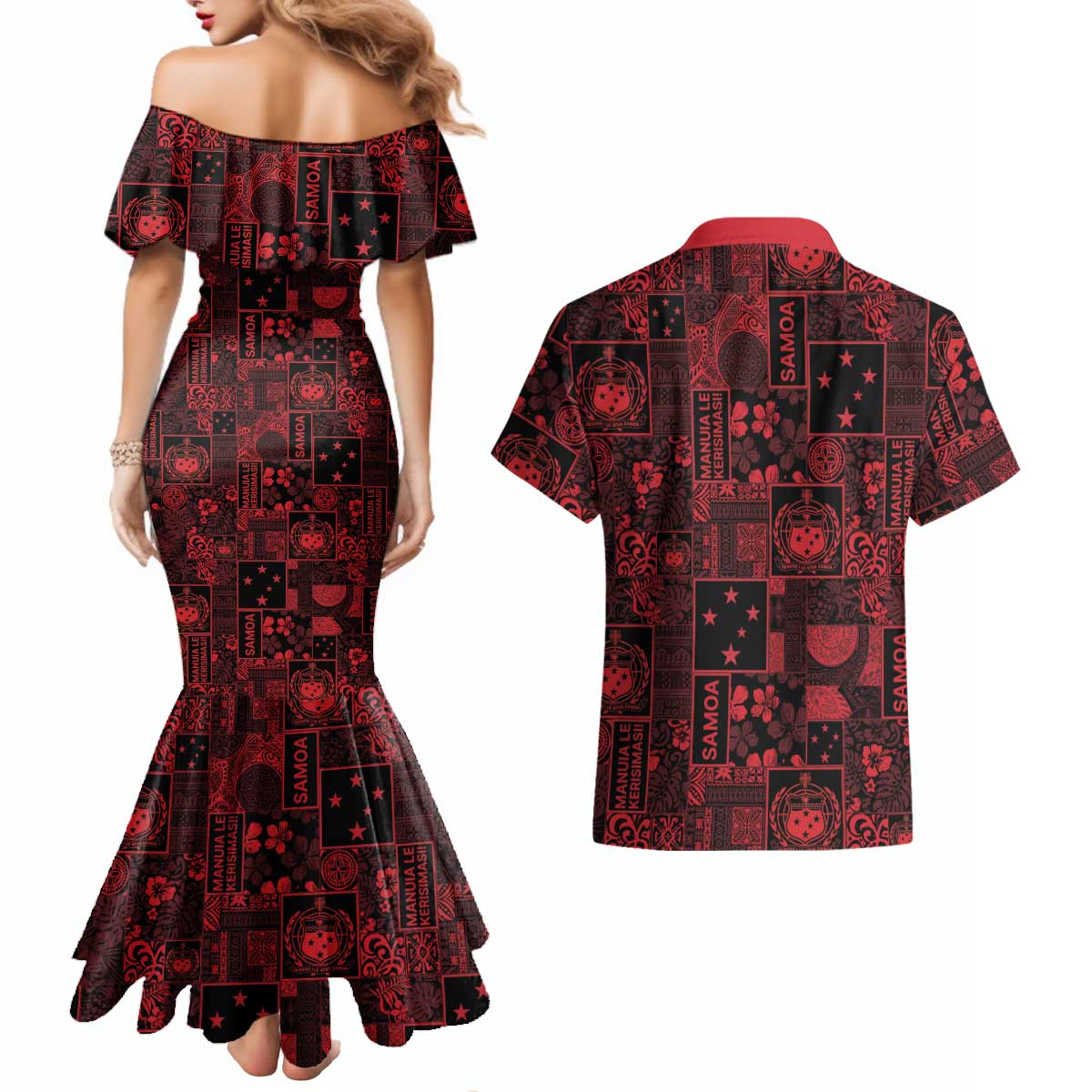 Dark Samoa Manuia Le Kerisimasi Couples Matching Mermaid Dress and Hawaiian Shirt Pacific Patchwork Xmas Vibes - Polynesian Pride