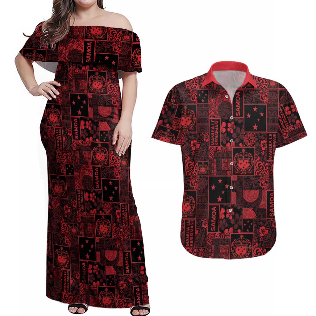 Dark Samoa Manuia Le Kerisimasi Couples Matching Off Shoulder Maxi Dress and Hawaiian Shirt Pacific Patchwork Xmas Vibes - Polynesian Pride