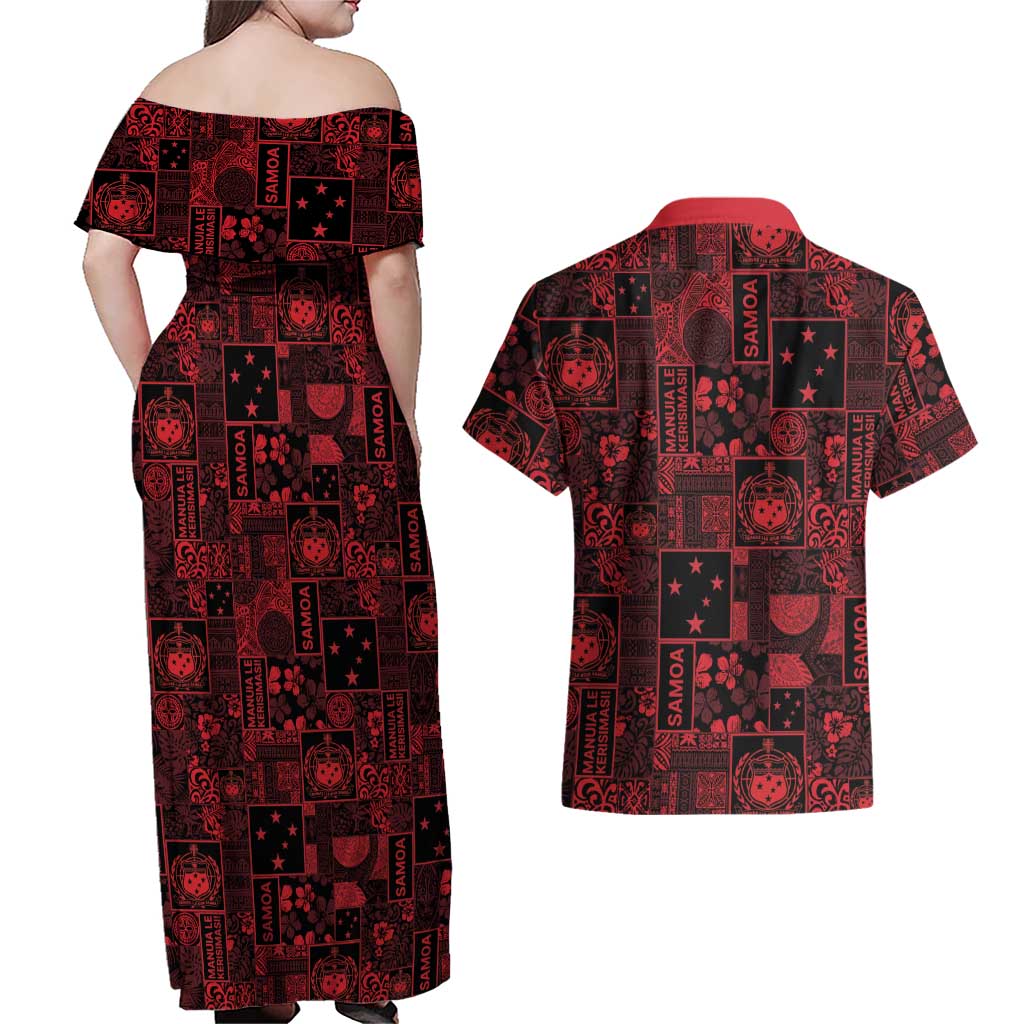 Dark Samoa Manuia Le Kerisimasi Couples Matching Off Shoulder Maxi Dress and Hawaiian Shirt Pacific Patchwork Xmas Vibes - Polynesian Pride