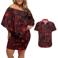 Dark Samoa Manuia Le Kerisimasi Couples Matching Off Shoulder Short Dress and Hawaiian Shirt Pacific Patchwork Xmas Vibes - Polynesian Pride
