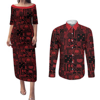 Dark Samoa Manuia Le Kerisimasi Couples Matching Puletasi and Long Sleeve Button Shirt Pacific Patchwork Xmas Vibes - Polynesian Pride