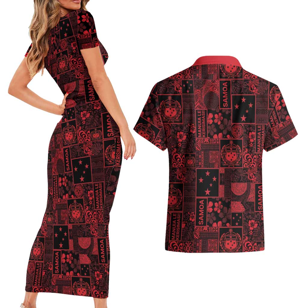 Dark Samoa Manuia Le Kerisimasi Couples Matching Short Sleeve Bodycon Dress and Hawaiian Shirt Pacific Patchwork Xmas Vibes - Polynesian Pride
