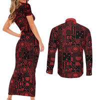 Dark Samoa Manuia Le Kerisimasi Couples Matching Short Sleeve Bodycon Dress and Long Sleeve Button Shirt Pacific Patchwork Xmas Vibes - Polynesian Pride