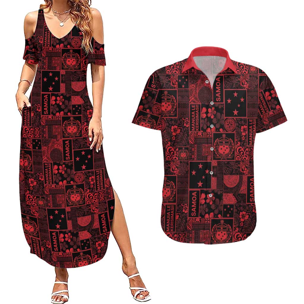 Dark Samoa Manuia Le Kerisimasi Couples Matching Summer Maxi Dress and Hawaiian Shirt Pacific Patchwork Xmas Vibes - Polynesian Pride